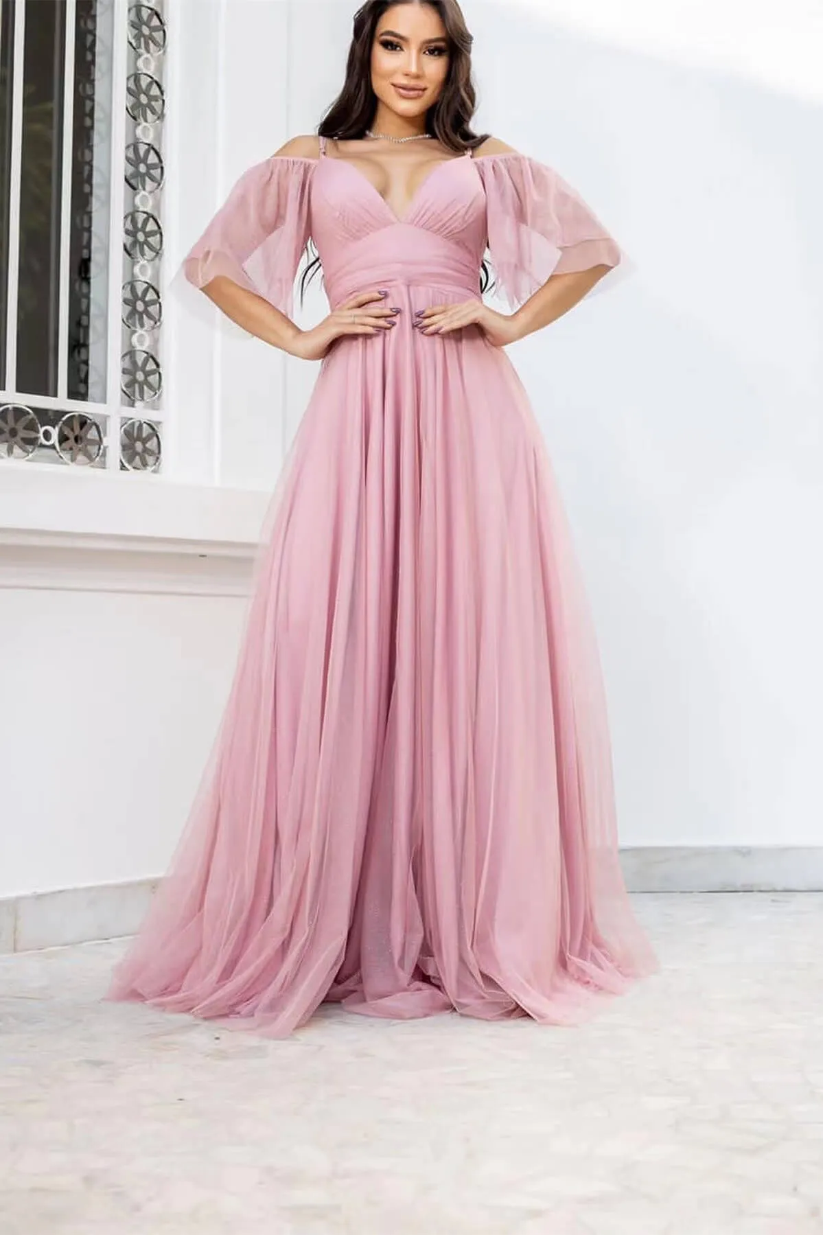 Boho Tulle Prom Dress A Line with Spaghetti Straps