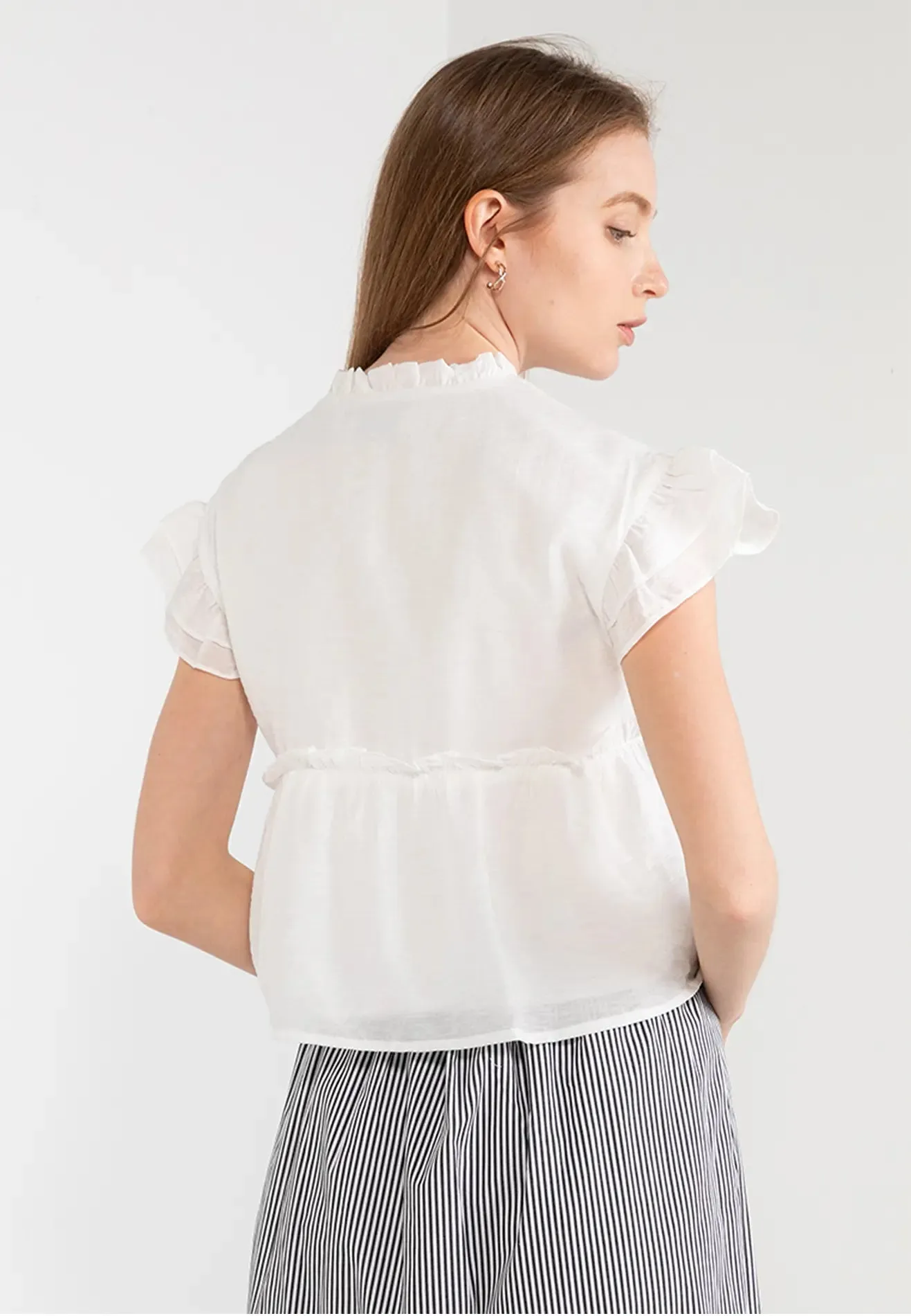 ELLE Apparel V-Neck Double Frill Sleeves Blouse
