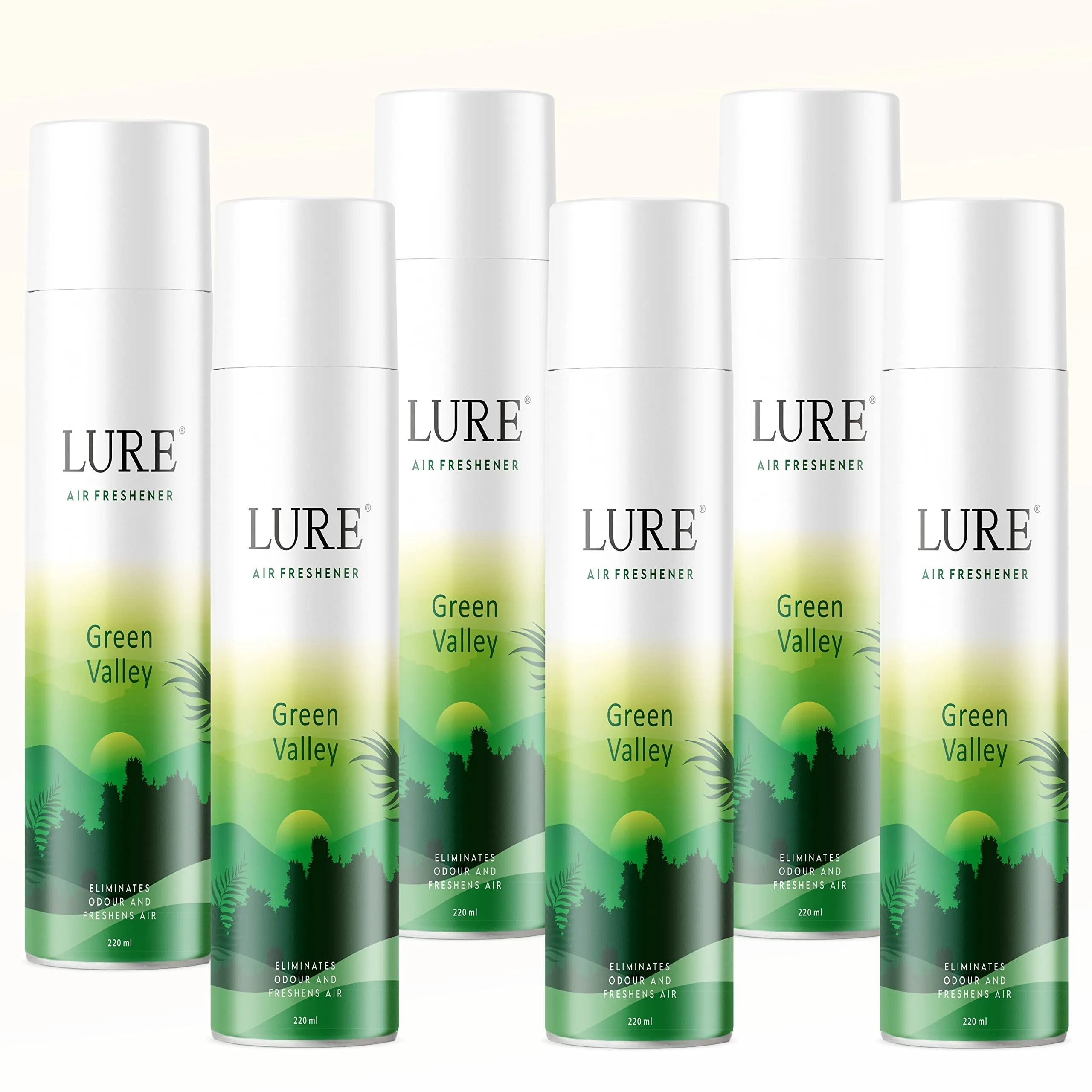 Lure Room Air Freshener for Home And Office - Green Valley Combo (Pack of 6, 220ml each)
