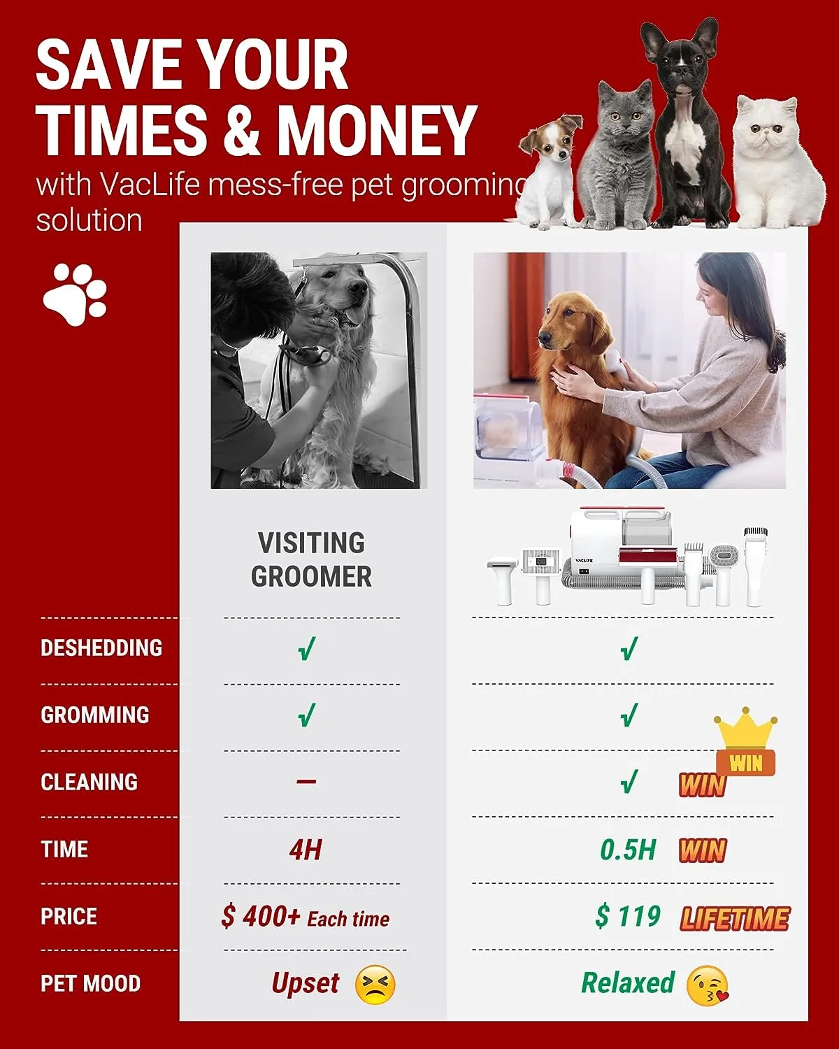 Pet Hair Vacuum and Dog Grooming Kit