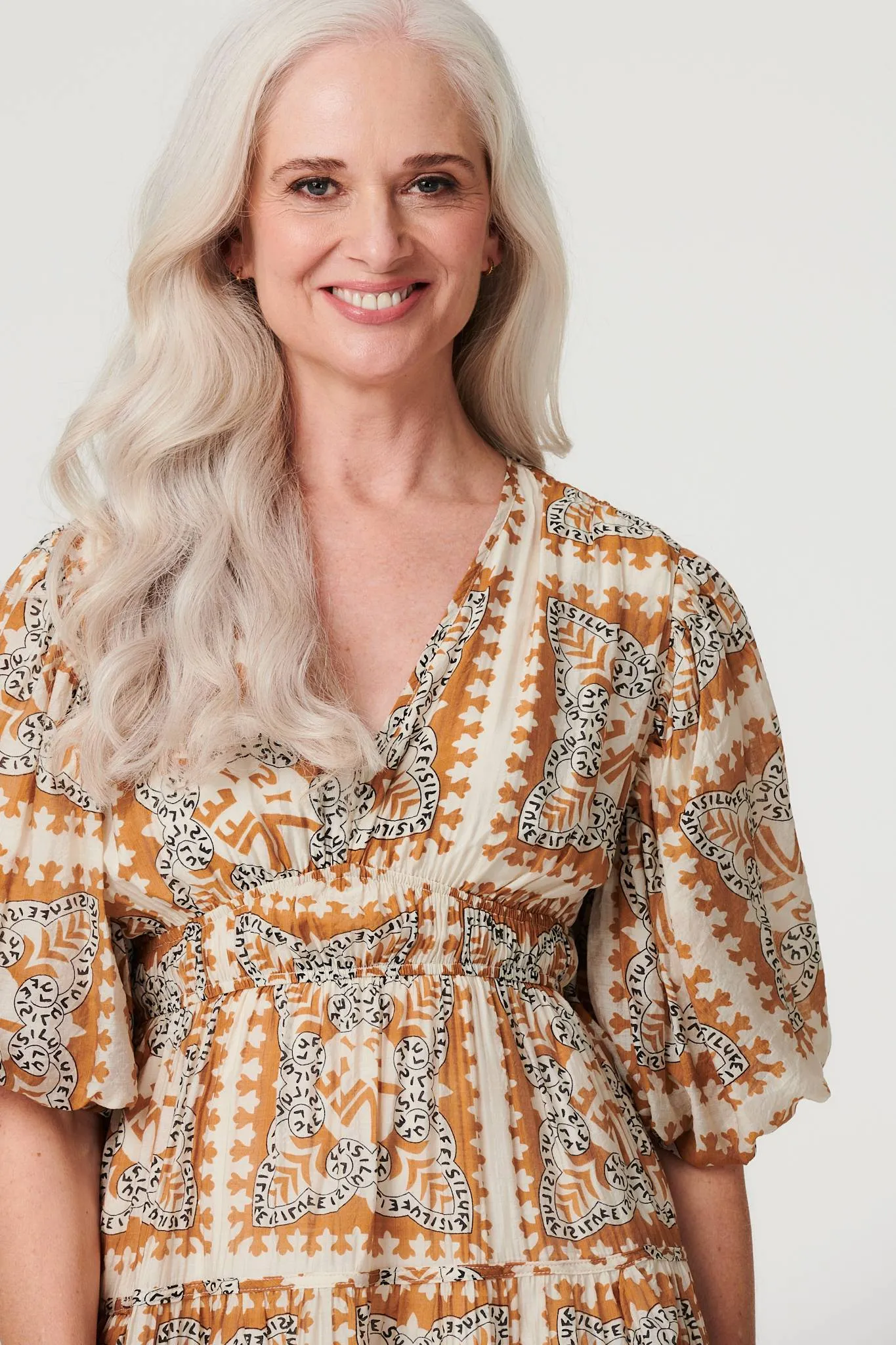 Printed Puff 1/2 Sleeve Midi Dress