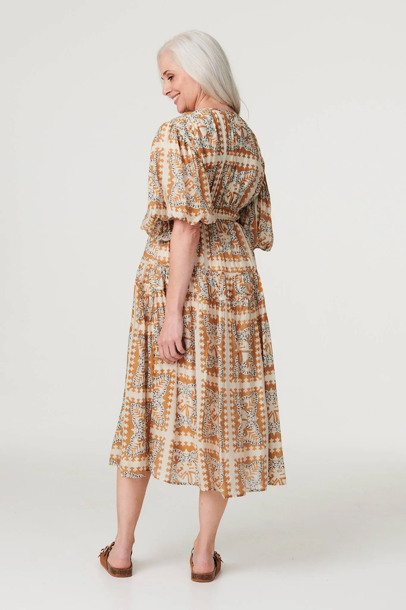 Printed Puff 1/2 Sleeve Midi Dress