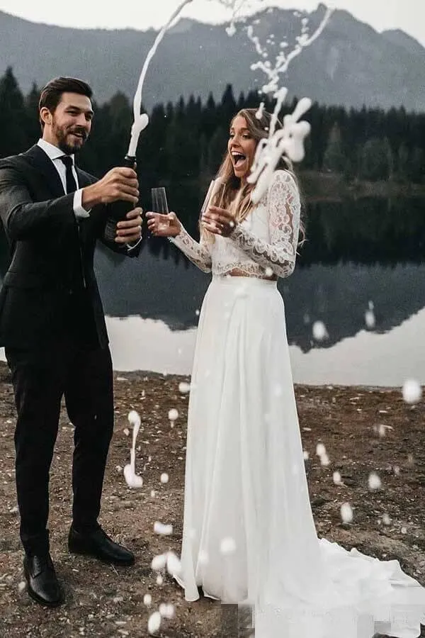 Two Piece Boho Chiffon Beach Wedding Dresses